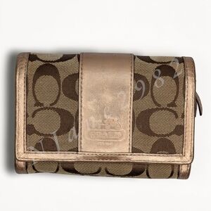 Coach Wallet Signature Canvas Trifold Khaki Brown Rose Gold Metallic Leather